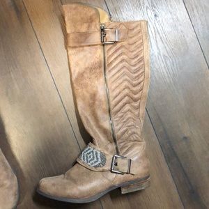 Buckle knee high tan beaded boots